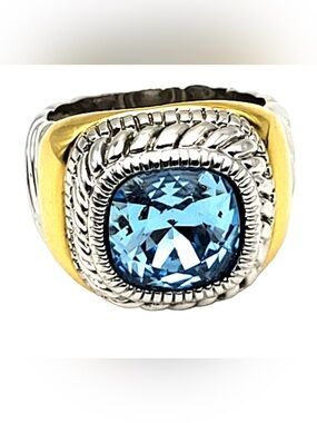Vintage Joan Rivers ring Gold & Silver Tones Faux Blue Topaz Twisted Design